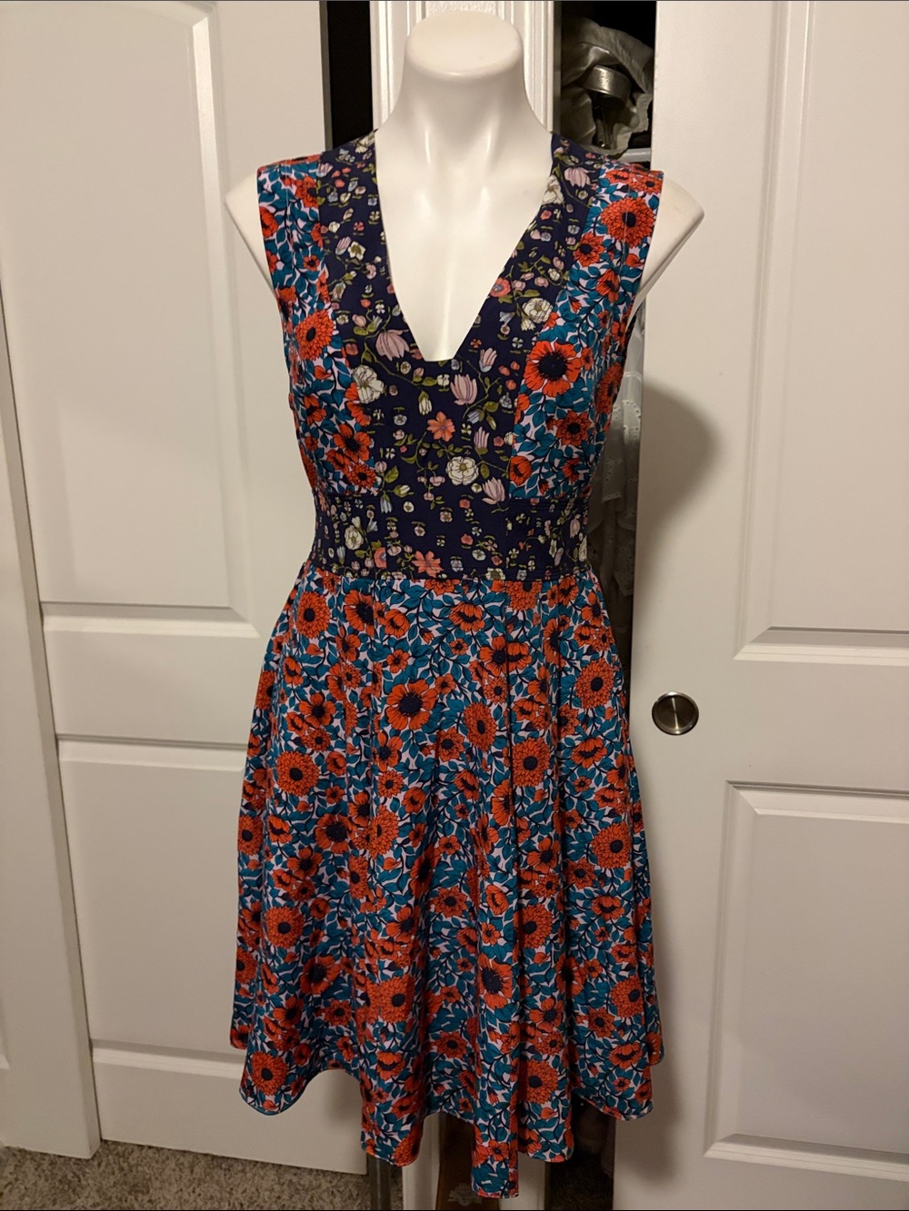 Rebecca Taylor Silk Navy and Orange Floral V-Neck Fit & Flare Dress